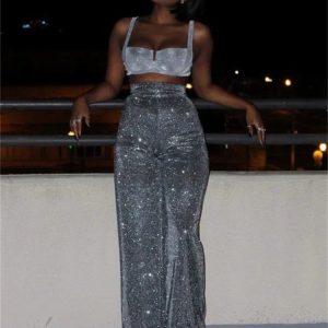 Sliver Glitter High Waist Pants for Women - Casual Straight Leg Party Night Clubwear Trousers