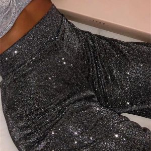 Sliver Glitter High Waist Pants for Women - Casual Straight Leg Party Night Clubwear Trousers