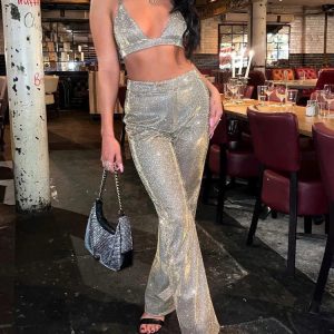 Sliver Sequins Blazer and High Waist Loose Pants Set - Y2K Party Fashion Outfit for Women