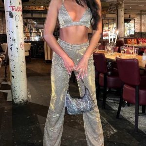 Sliver Sequins Blazer and High Waist Loose Pants Set - Y2K Party Fashion Outfit for Women