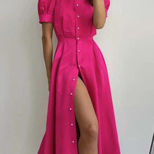 Solid Color Lantern Sleeve Midi Dress - Y2K Aesthetic Fashion for Effortless Style