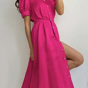 Solid Color Lantern Sleeve Midi Dress - Y2K Aesthetic Fashion for Effortless Style