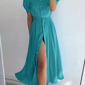 Solid Color Lantern Sleeve Midi Dress - Y2K Aesthetic Fashion for Effortless Style