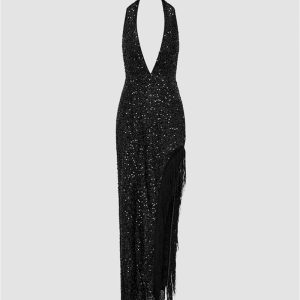 Sparkling V-Neck Sequin Dress with Side Slit for Y2K Aesthetic Glamour