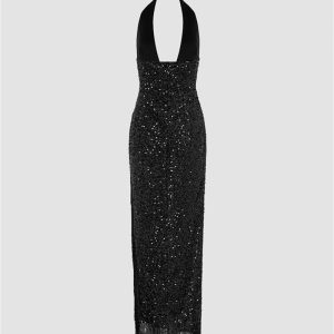 Sparkling V-Neck Sequin Dress with Side Slit for Y2K Aesthetic Glamour