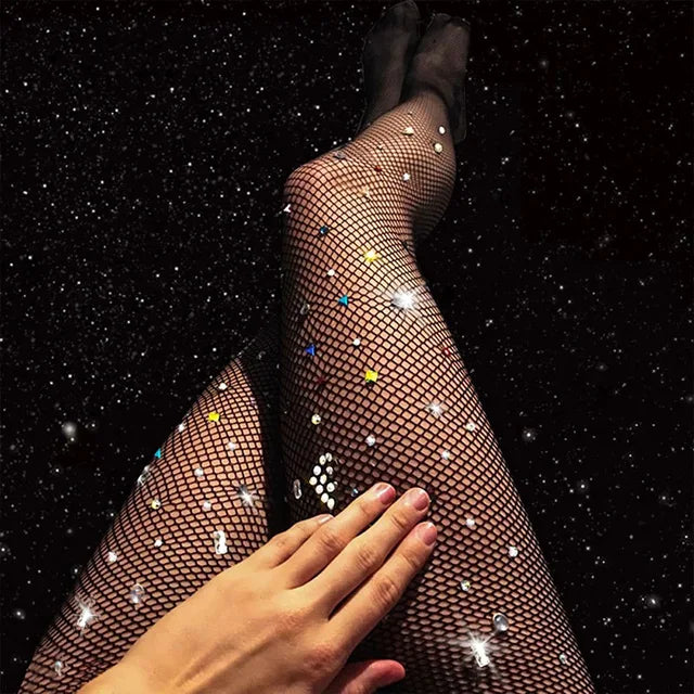 Sparkly Black Fishnet Stockings with Rhinestones - Luxury Night Club Tights for a Glam Look