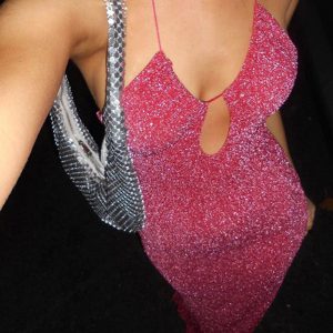 Sparkly Pink Glitter Tie-Back Slit Dress for Y2K Fashion and Coquette Aesthetic