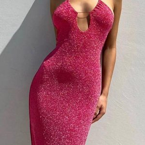 Sparkly Pink Glitter Tie-Back Slit Dress for Y2K Fashion and Coquette Aesthetic