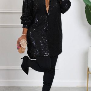 Sparkly Sequins Solid Shirt Dress for Y2K Fashion Lovers and Coquette Aesthetic Enthusiasts