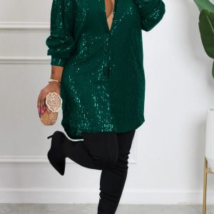 Sparkly Sequins Solid Shirt Dress for Y2K Fashion Lovers and Coquette Aesthetic Enthusiasts