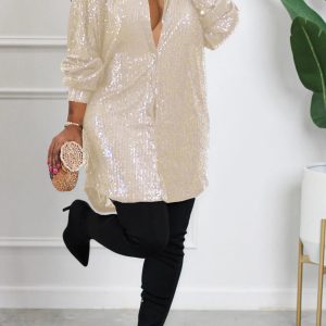 Sparkly Sequins Solid Shirt Dress for Y2K Fashion Lovers and Coquette Aesthetic Enthusiasts