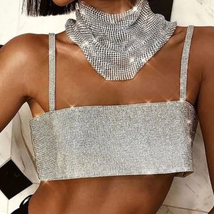 Sparkly Y2K Suspender Sleeveless Crop Top for Women - Elegant Summer Party Tee