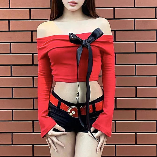 Splice Bow Bandage Long Sleeve Off-Shoulder Crop Top for Y2K Fashion & Club Outfits