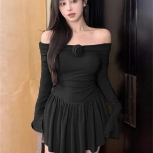 Splice Flower Bodycon Mini Dress for Women - Ruffled High Waist Off-Shoulder Casual Dress