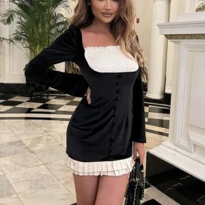 Splice Folds Mini Dress: Y2K Aesthetic Long Sleeve Slim High Waist Party Dress for Women