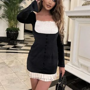 Splice Folds Mini Dress: Y2K Aesthetic Long Sleeve Slim High Waist Party Dress for Women