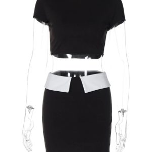 Splice High Waisted Dress Sets for Women: Black Slim Sexy Crop Tops & Skirts - Y2K Fashion 2 Piece Outfits