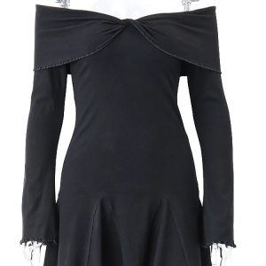 Spring Y2K Off-Shoulder Bodycon Mini Dress for Women - Cute Long Sleeve High Street Style