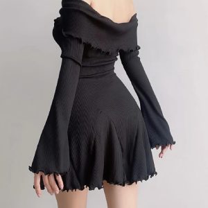 Spring Y2K Off-Shoulder Bodycon Mini Dress for Women - Cute Long Sleeve High Street Style