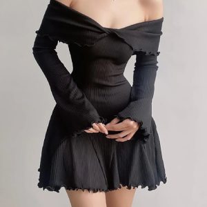 Spring Y2K Off-Shoulder Bodycon Mini Dress for Women - Cute Long Sleeve High Street Style