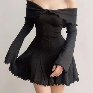 Spring Y2K Off-Shoulder Bodycon Mini Dress for Women - Cute Long Sleeve High Street Style