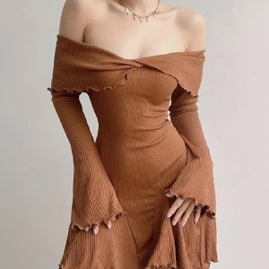 Spring Y2K Off-Shoulder Bodycon Mini Dress for Women - Cute Long Sleeve High Street Style