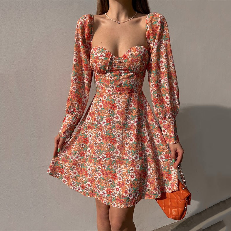 Square Collar A-Line Floral Print High Waist Summer Dress with Long Sleeves and Backless Lace-Up Design