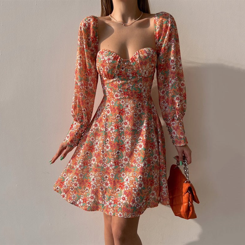 Square Collar A-Line Floral Print High Waist Summer Dress with Long Sleeves and Backless Lace-Up Design