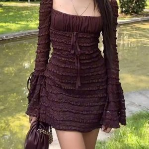 Square Neck Bell Sleeve Lace Mini Dress - Y2K Aesthetic Cute Dress for Coquette Style