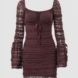 Square Neck Bell Sleeve Lace Mini Dress - Y2K Aesthetic Cute Dress for Coquette Style