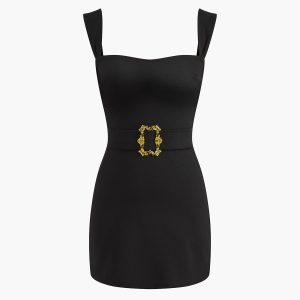 Square Neck Belted Mini Dress - Y2K Aesthetic Cute Dress for Stylish Outfits