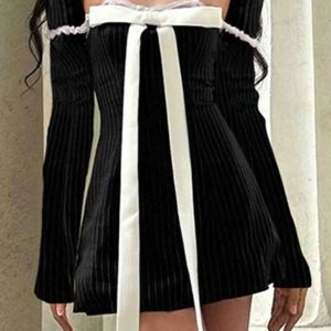 Square Neck Bow Tie Striped Mini Dress - Y2K Aesthetic Long Sleeve Cute Dress