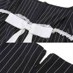 Square Neck Bow Tie Striped Mini Dress - Y2K Aesthetic Long Sleeve Cute Dress