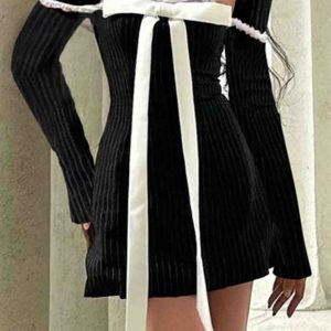 Square Neck Bow Tie Striped Mini Dress - Y2K Aesthetic Long Sleeve Cute Dress