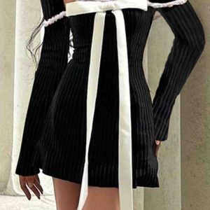 Square Neck Bow Tie Striped Mini Dress - Y2K Aesthetic Long Sleeve Cute Dress