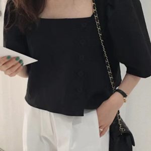 Square Neck Cropped Shirt with Side Buttons - Y2K Fashion Essential for Aesthetic Outfits