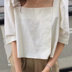 Square Neck Cropped Shirt with Side Buttons - Y2K Fashion Essential for Aesthetic Outfits