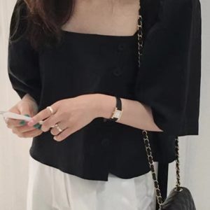 Square Neck Cropped Shirt with Side Buttons - Y2K Fashion Essential for Aesthetic Outfits