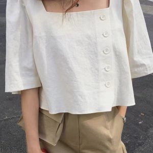 Square Neck Cropped Shirt with Side Buttons - Y2K Fashion Essential for Aesthetic Outfits