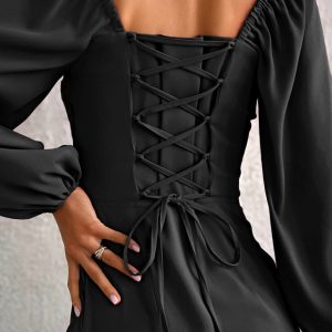 Square Neck Draped Croset Split Midi Dress - Y2K Aesthetic Chic for Stylish Outfits