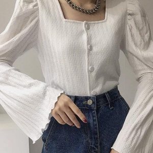 Square Neck Gathered Flare Sleeve Knit Blouse - Y2K Fashion Cute Top for Aesthetic Outfits