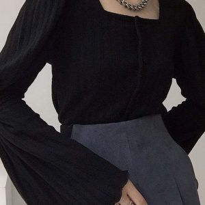 Square Neck Gathered Flare Sleeve Knit Blouse - Y2K Fashion Cute Top for Aesthetic Outfits