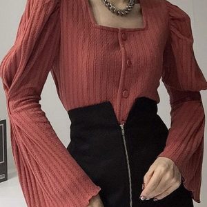 Square Neck Gathered Flare Sleeve Knit Blouse - Y2K Fashion Cute Top for Aesthetic Outfits