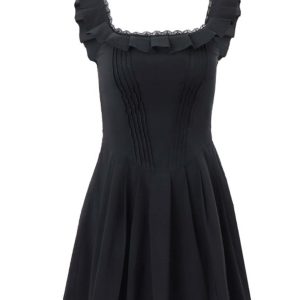 Square Neck Pleated Lace Mini Dress - Y2K Aesthetic Cute Dress for Coquette Style Outfits