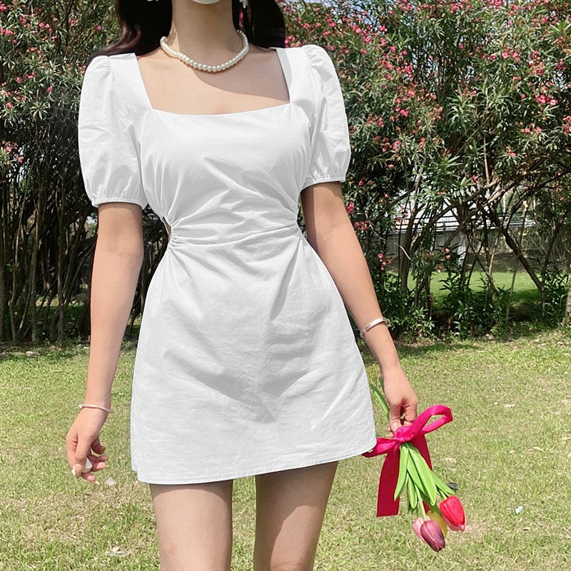 Square Neck Y2K Aesthetic Mini Dress - Solid Summer Casual Dress with Hollow Out Details