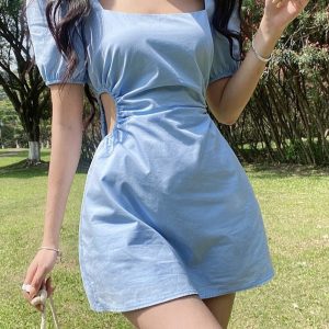 Square Neck Y2K Aesthetic Mini Dress - Solid Summer Casual Dress with Hollow Out Details