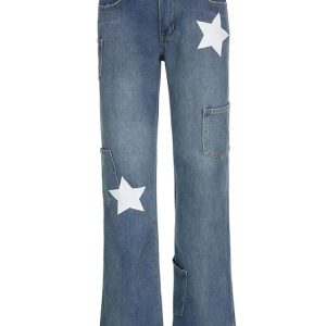 Star Splice Y2K Baggy Jeans for Women - High Waisted Retro Slouchy Denim Trousers