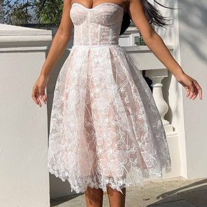 Strapless Embroidered Lace Midi Dress for Y2K Aesthetic and Coquette Style Lovers