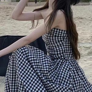 Strapless Pleated Plaid Maxi Dress - Y2K Aesthetic Fashion for Chic Outfits