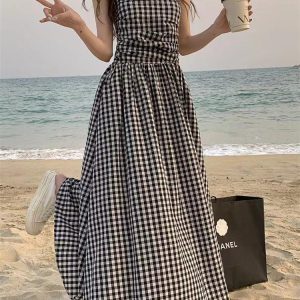 Strapless Pleated Plaid Maxi Dress - Y2K Aesthetic Fashion for Chic Outfits